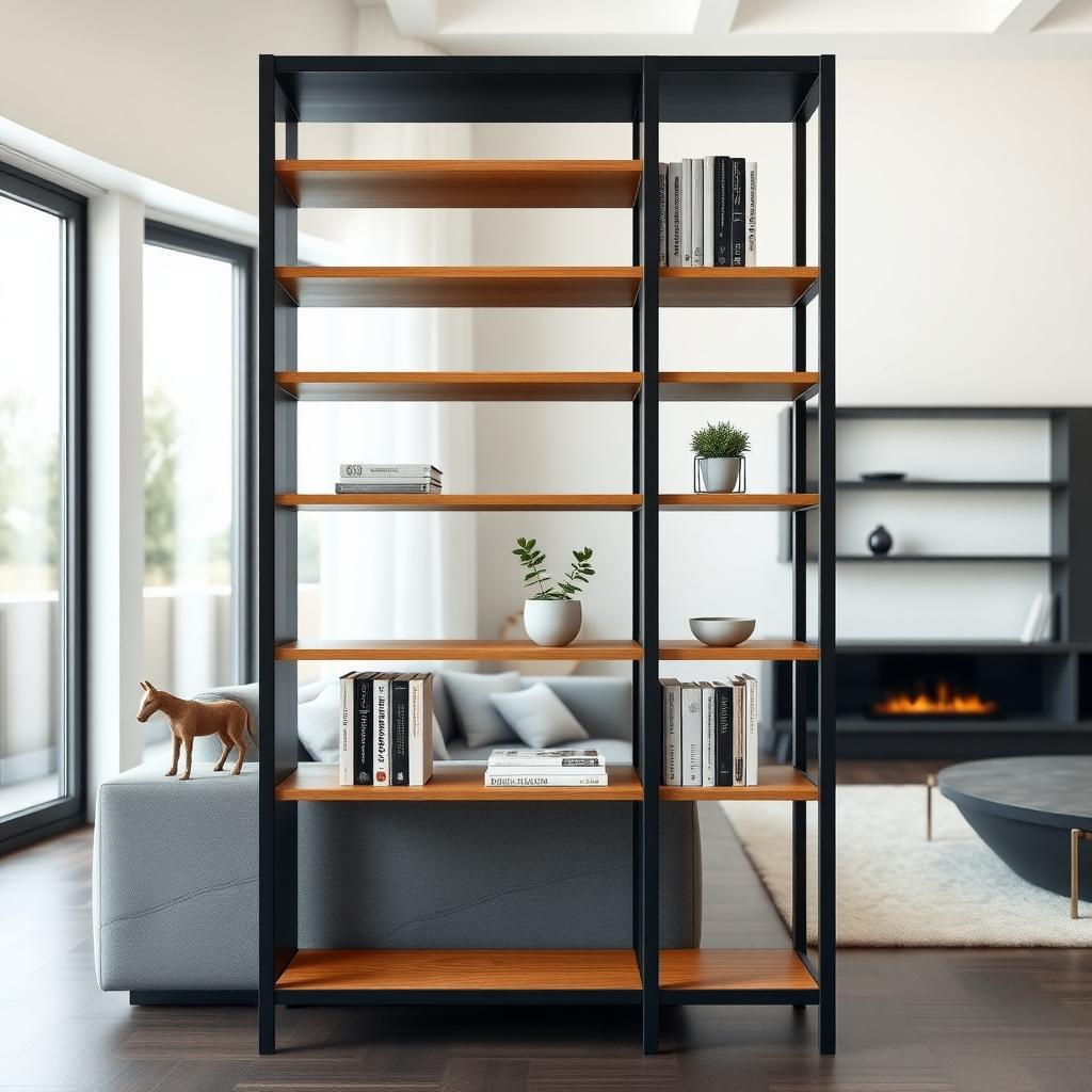 Minimalist black and wood bookshelf in a modern living room with books, a plant, and a vase.