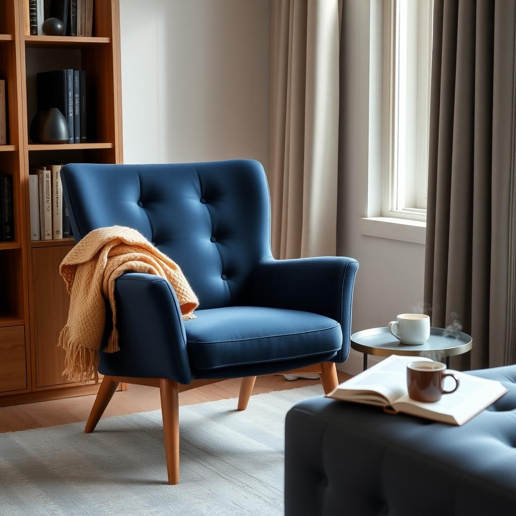 A cozy navy-blue armchair in a modern living room next to a bookshelf, with a throw blanket, coffee mug, and open book on a side table.
