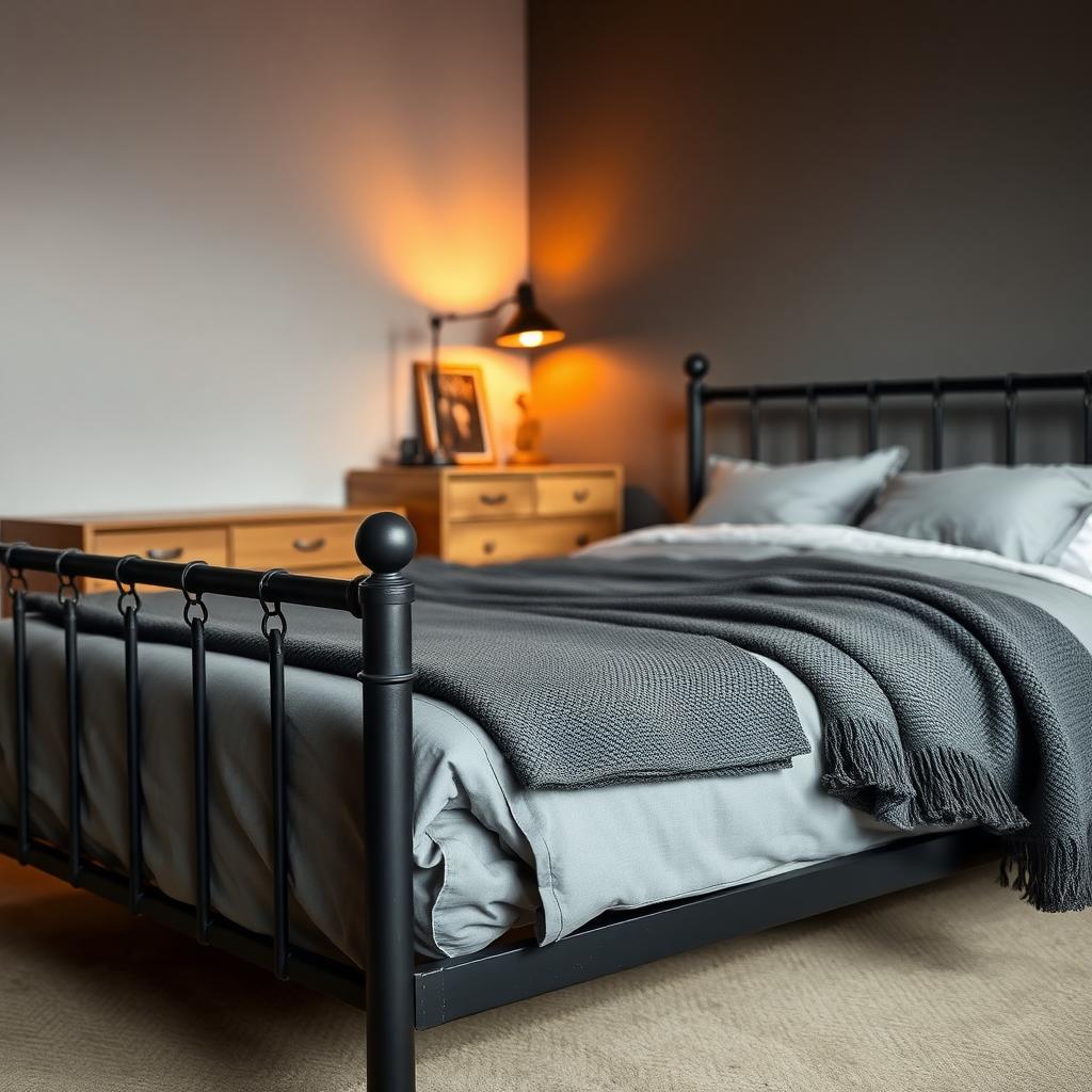 Industrial-style bedroom with a matte black metal bed frame and gray linens