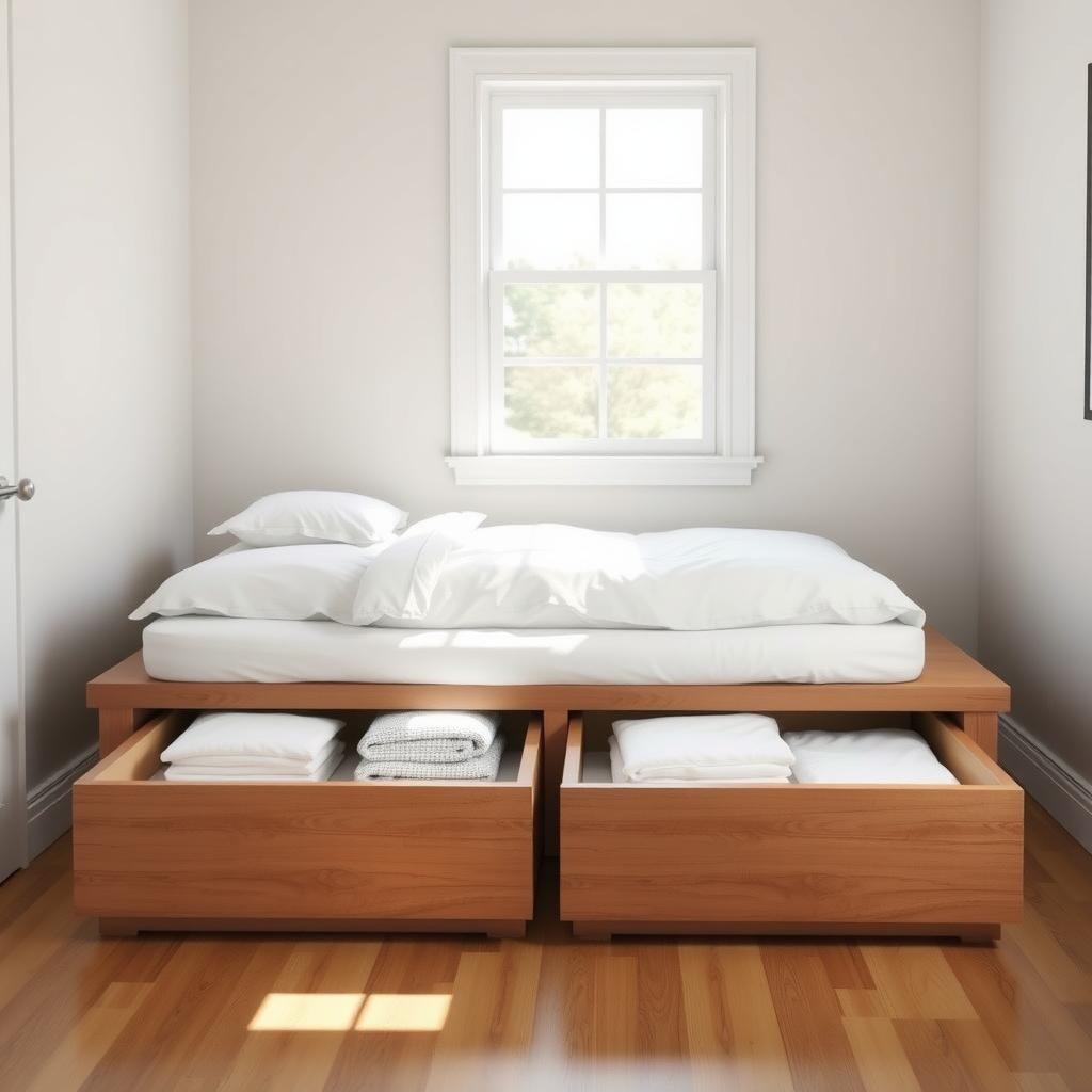 Platform bed with under-bed storage drawers in a bright, small guest room.