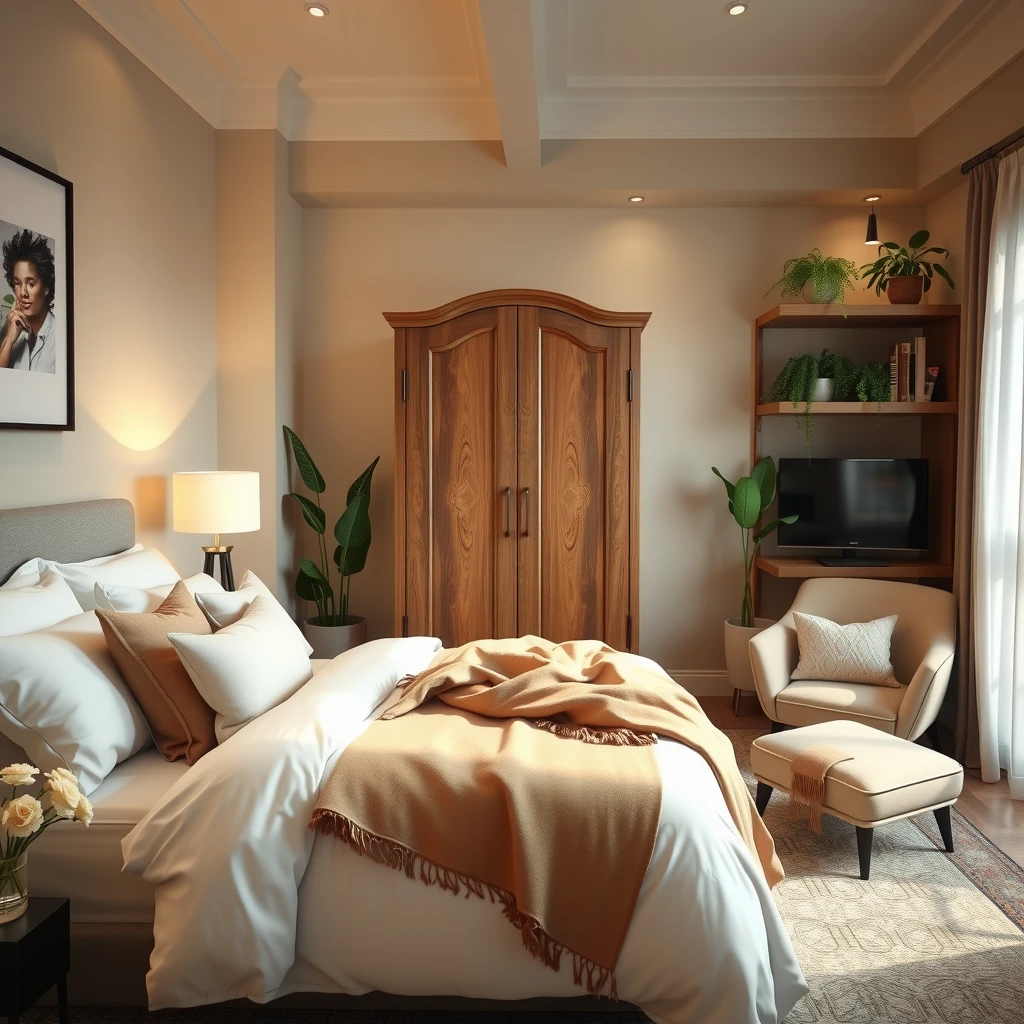 Cozy modern bedroom with soft lighting, plush bedding, wooden armoire, and plants