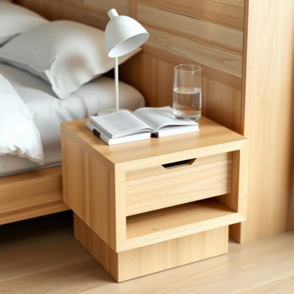 Minimalist nightstand with a lamp, book, and glass of water.