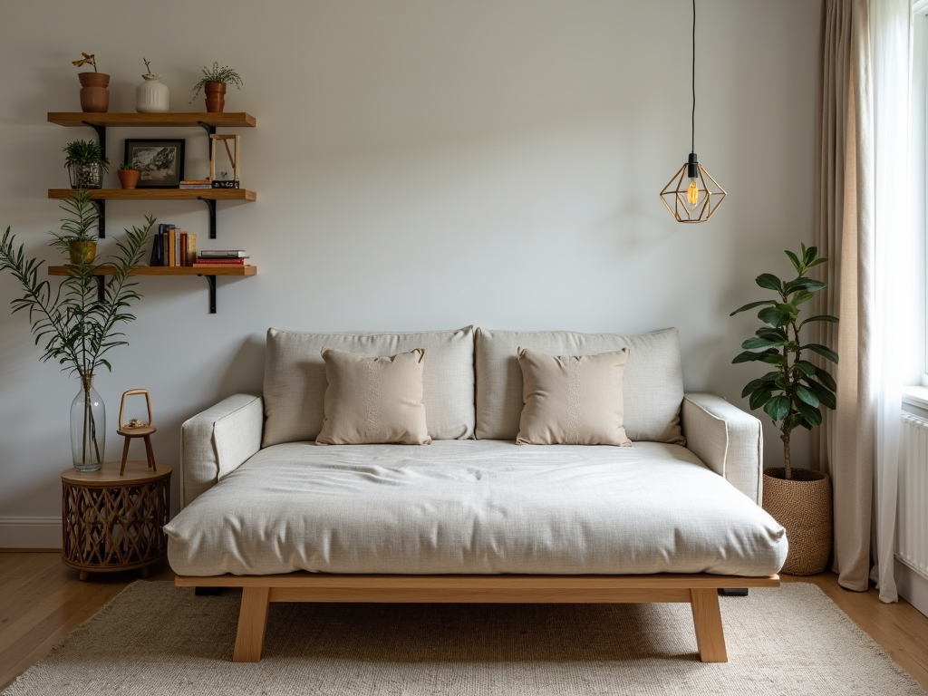Futon frame in a small apartment, styled as a multifunctional piece