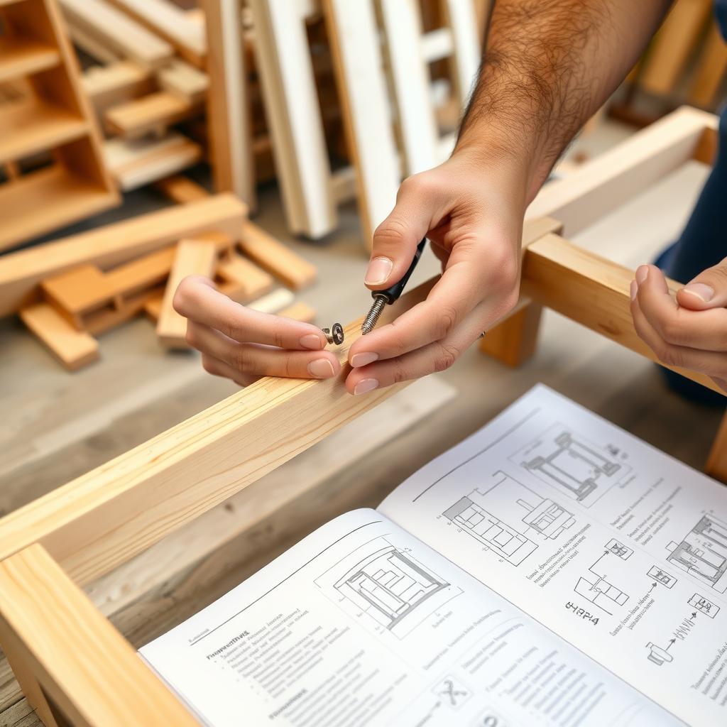 Hands aligning a screw while assembling a furniture frame, with an instruction manual and parts in the background.