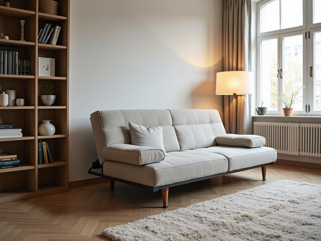 Futon sofa bed in a spacious living room nook
