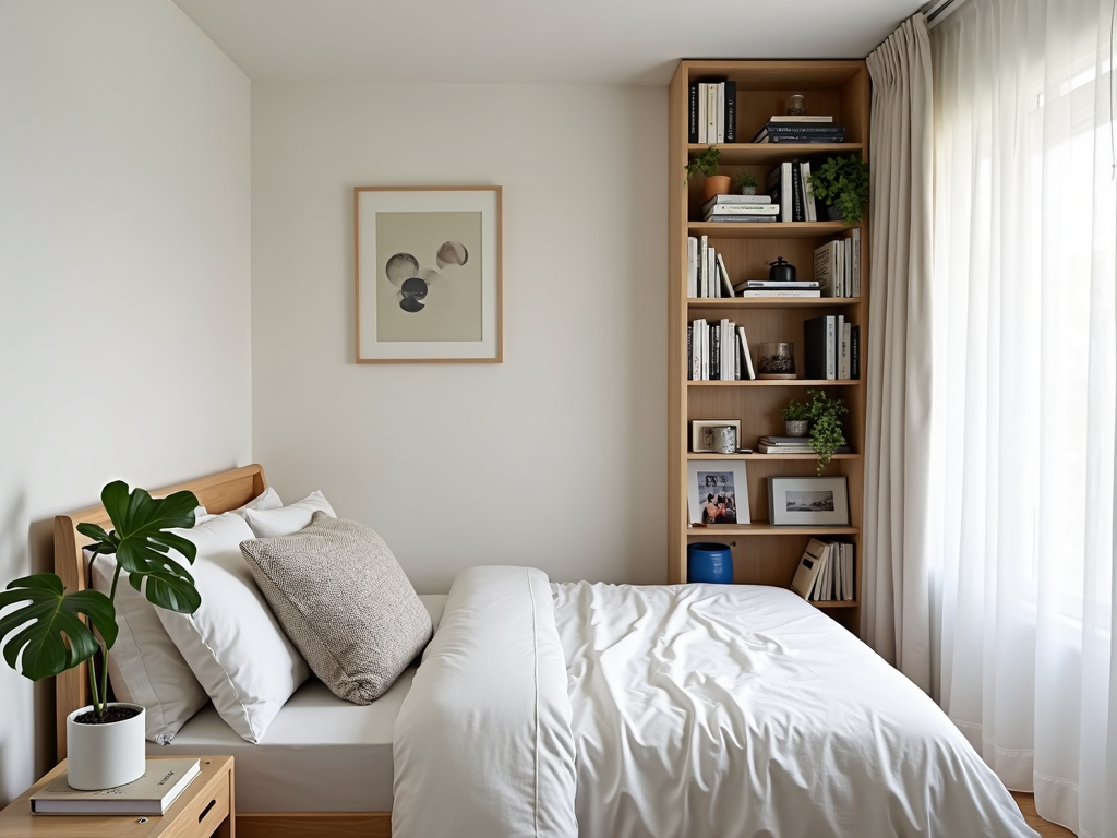 Tall bookcase using vertical space in a small bedroom.