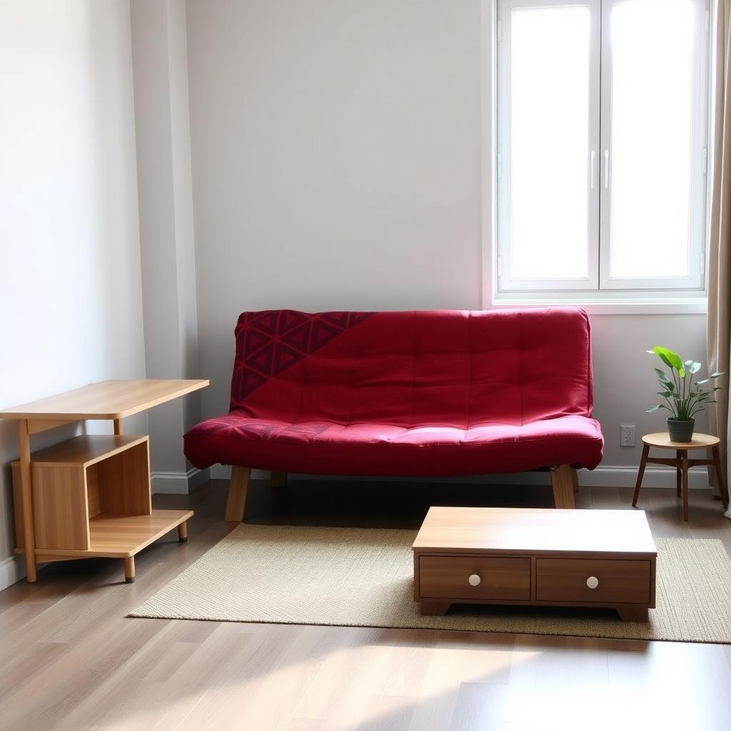 Cozy studio apartment with a red geometric futon, minimalist coffee table, foldable desk, and natural light.