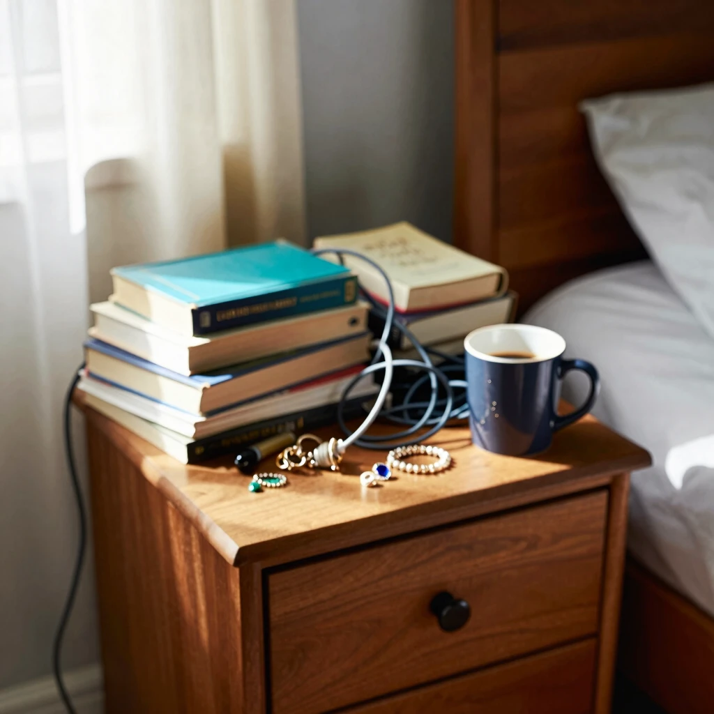 Cluttered nightstand before organization, showing everyday mess on bedside furniture