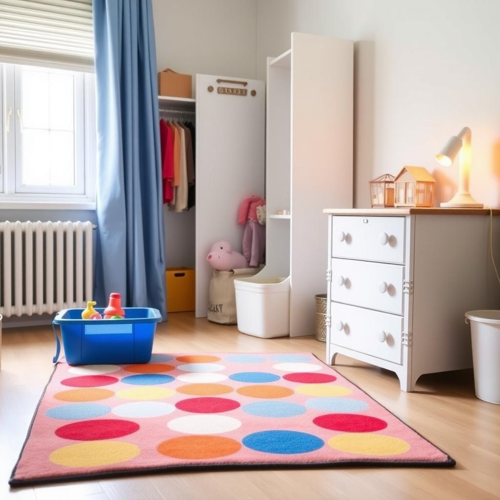 Bright kids’ room with a non-slip rug, low toy bin, and cordless nightlight.