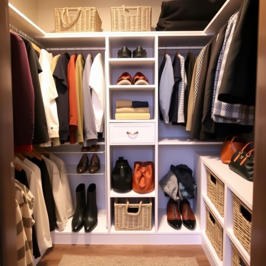 Custom shelves and baskets in a small closet, organizing clothes and accessories.