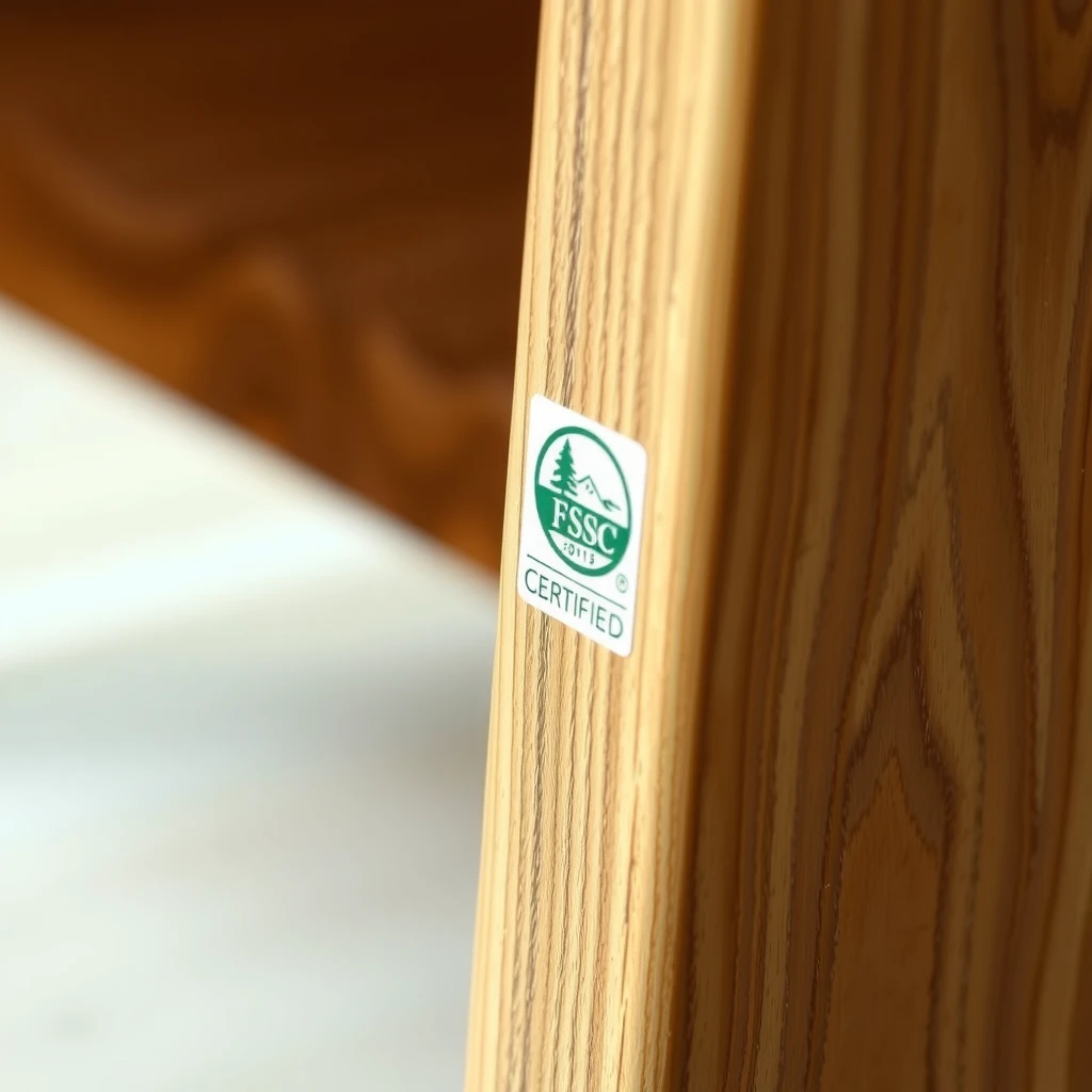 Close-up of FSC certification label on sustainable wooden furniture