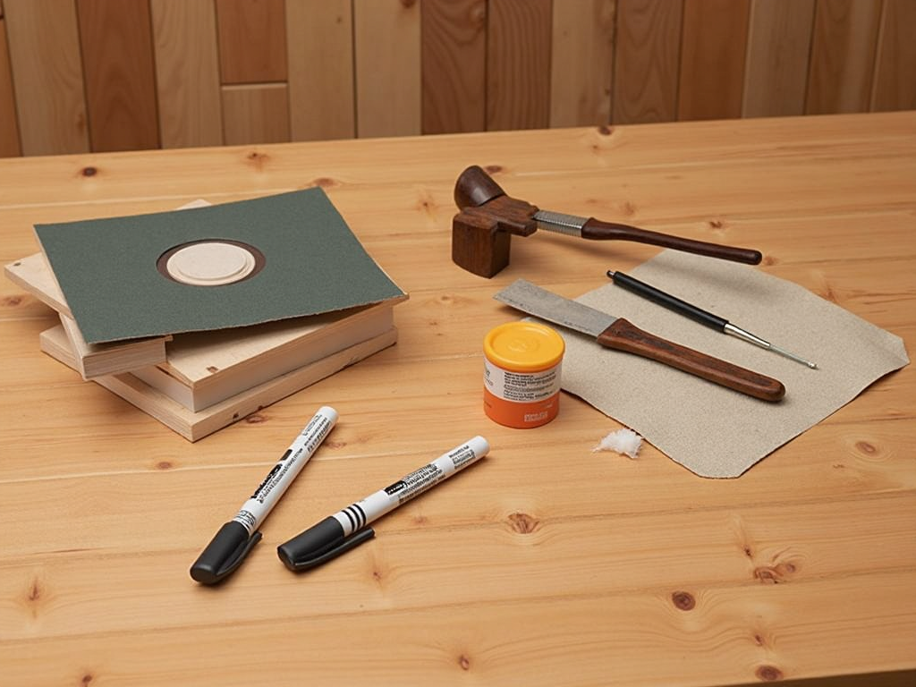 Tools and materials for repairing wood finishes on a wooden table.