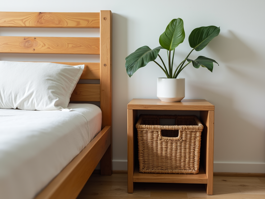 A bedroom with soft, white linen curtains.