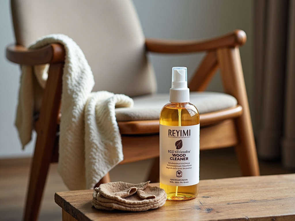 Eco-friendly wood cleaner next to a reclaimed wood chair.