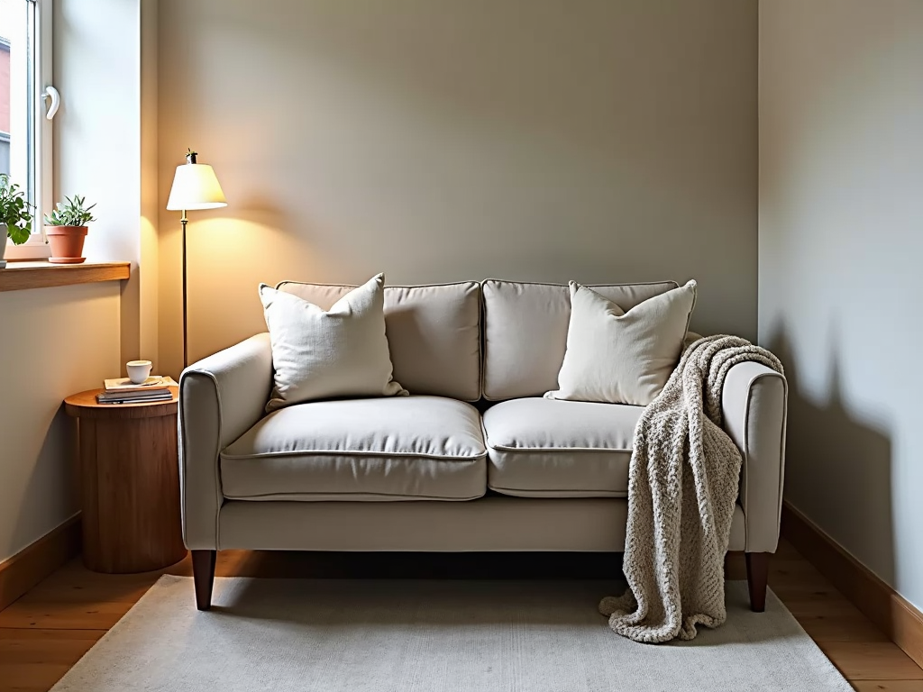 A love seat in a small bedroom