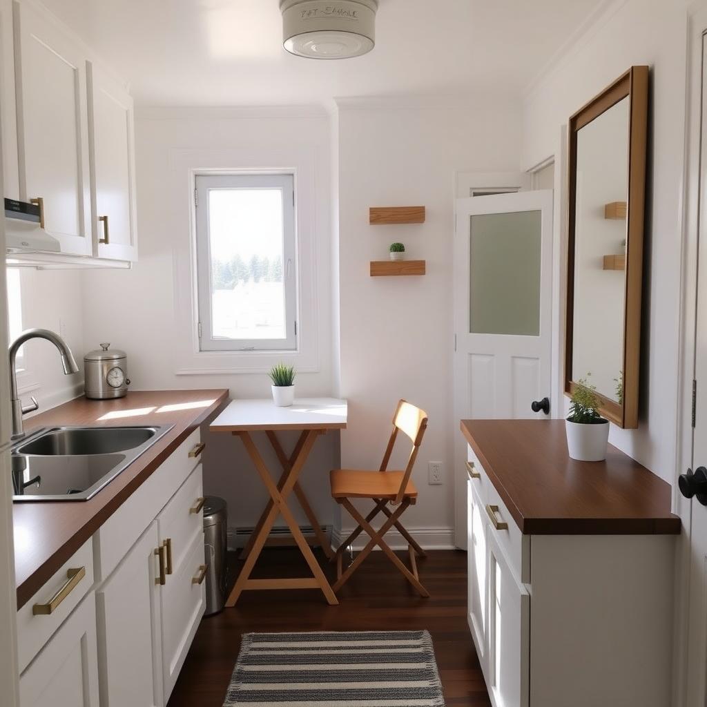 Bright tiny home kitchen with white cabinets, foldable table, and a large mirror.