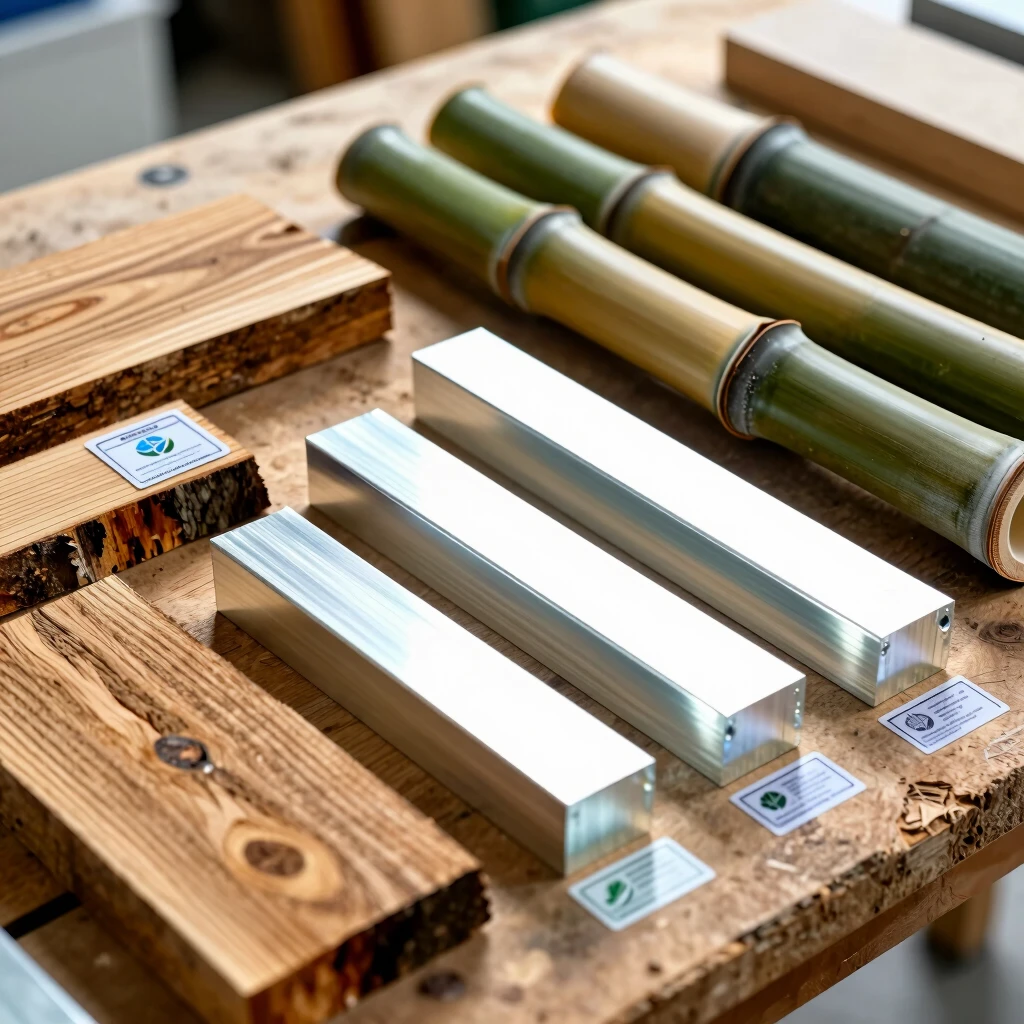 Close-up of sustainable materials like reclaimed wood, bamboo, and recycled metal