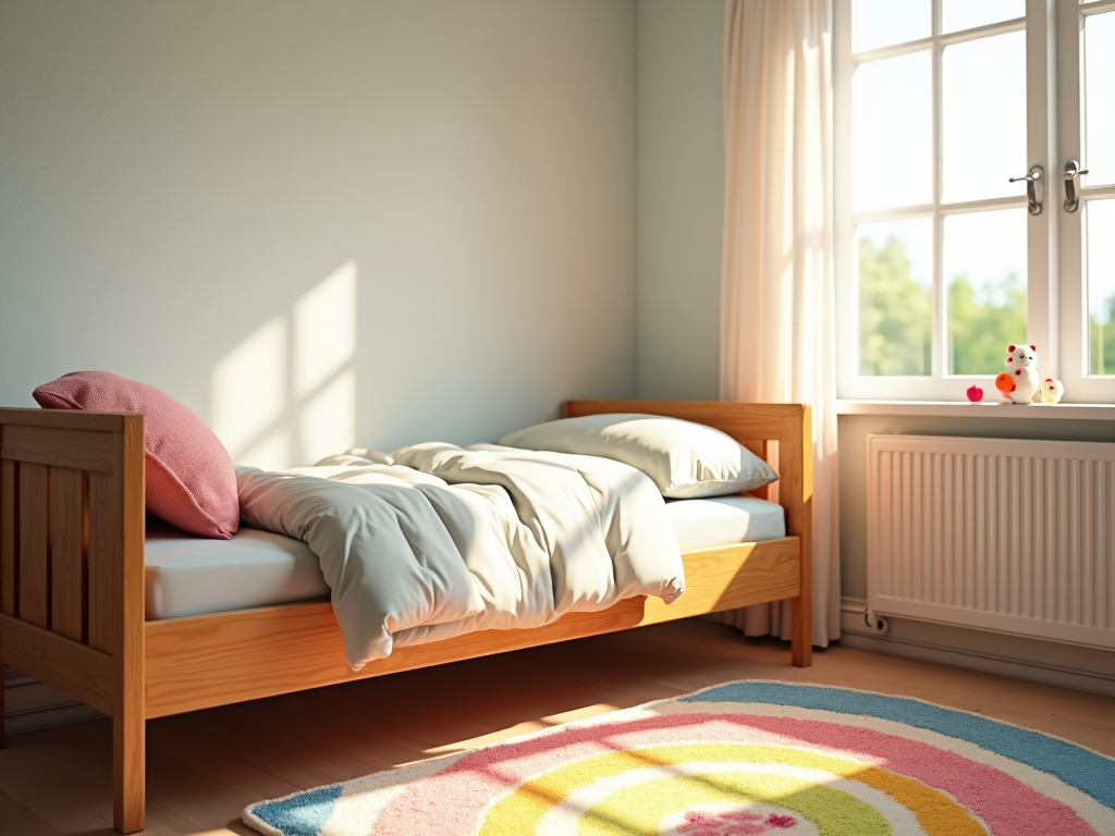 A safe and cheerful kids’ room with wooden furniture and bright decor.