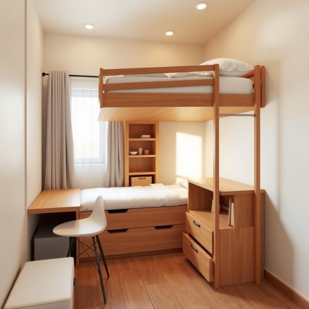 Cozy small bedroom with a lofted bed, built-in storage, compact desk, and slim wardrobe, bathed in soft natural light.