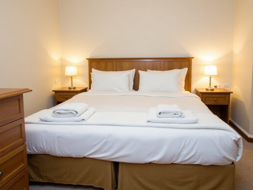 A well-organized guest room with essential furniture and amenities.