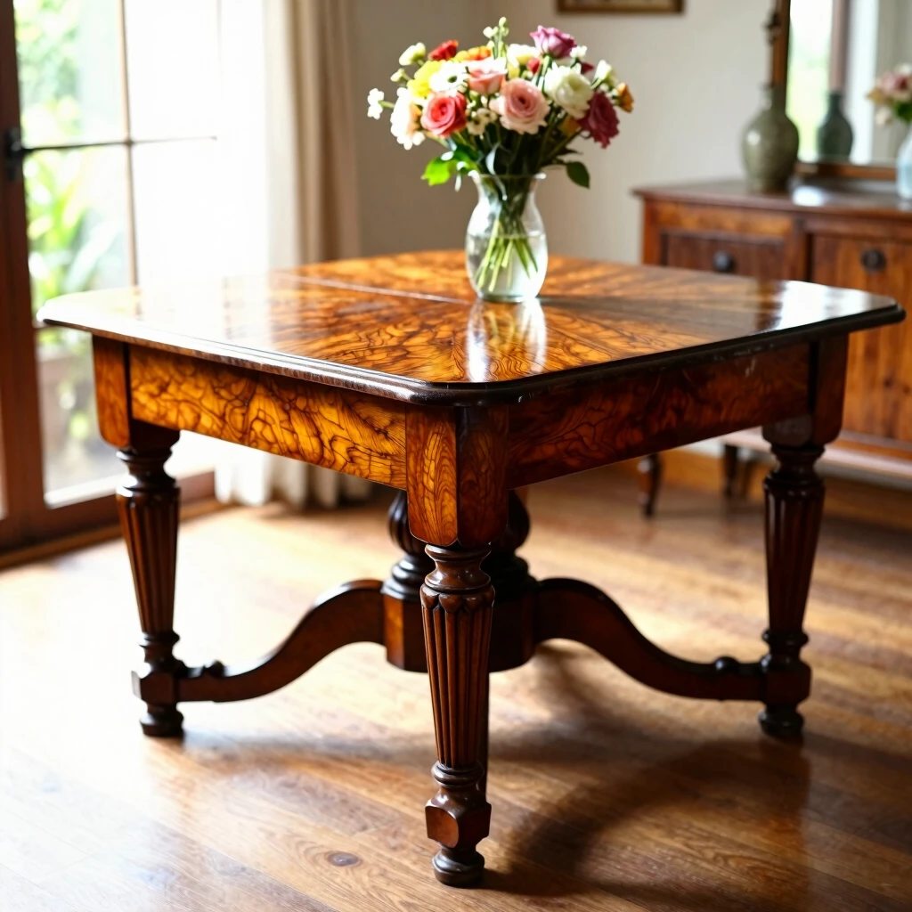 Fully restored antique dining table in a cozy home setting