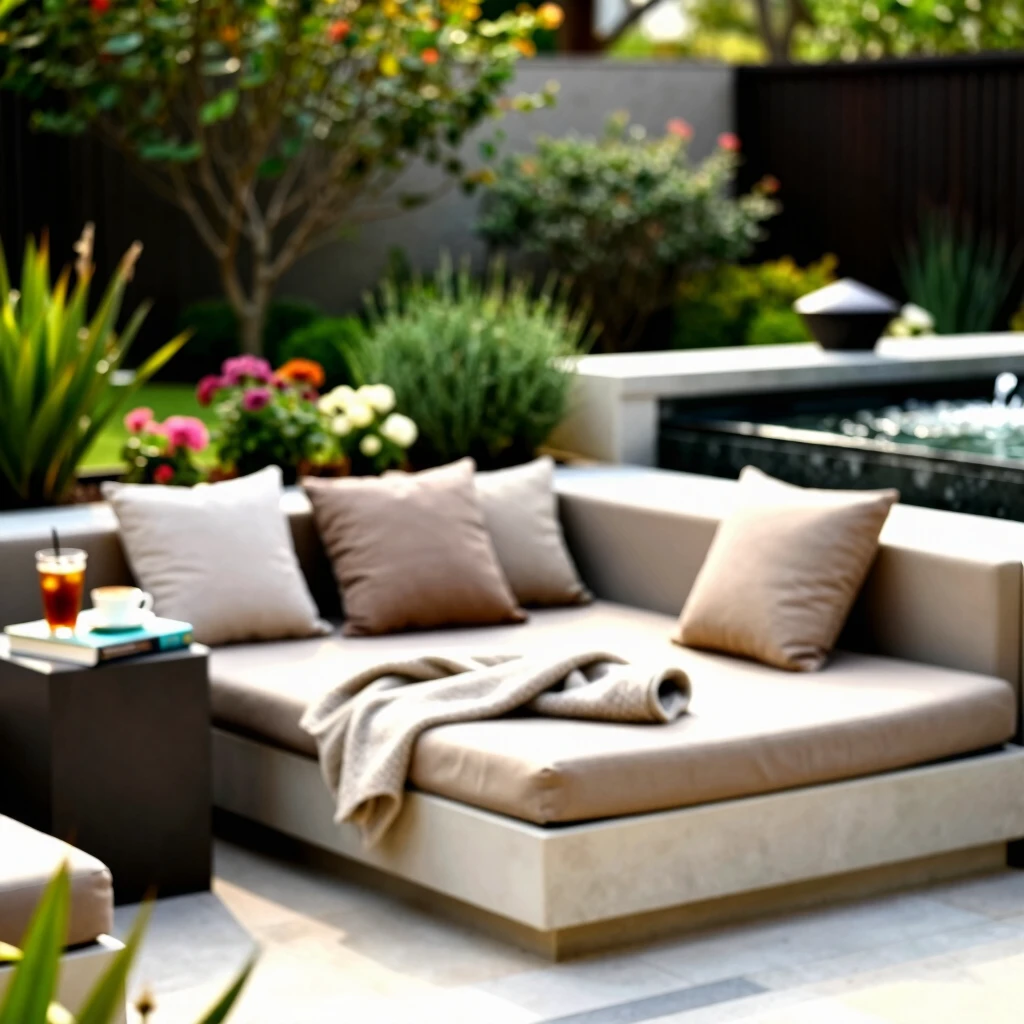 Modular seating configured as a comfortable outdoor daybed in a garden