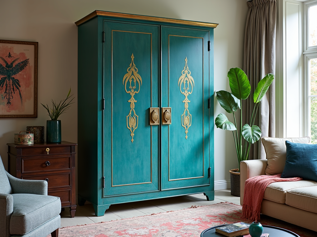 A bold statement armoire painted in vibrant teal with artistic patterns.