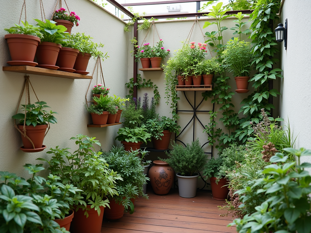 A cozy balcony with a vertical garden setup