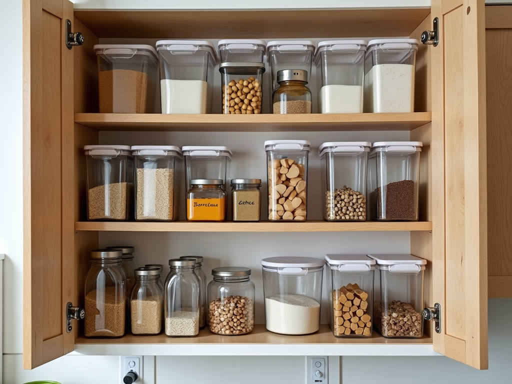 Organized kitchen cabinet with labeled containers and categorized items