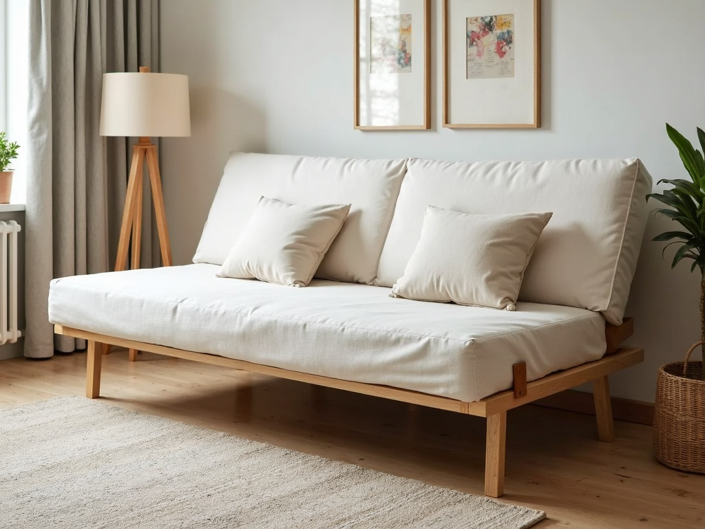 A futon with a washable cover in a modern living room.