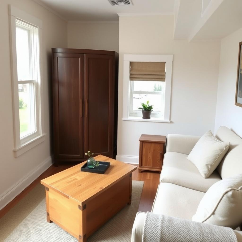 Cozy tiny home living room with a foldable coffee table, organized armoire, and compact sofa.