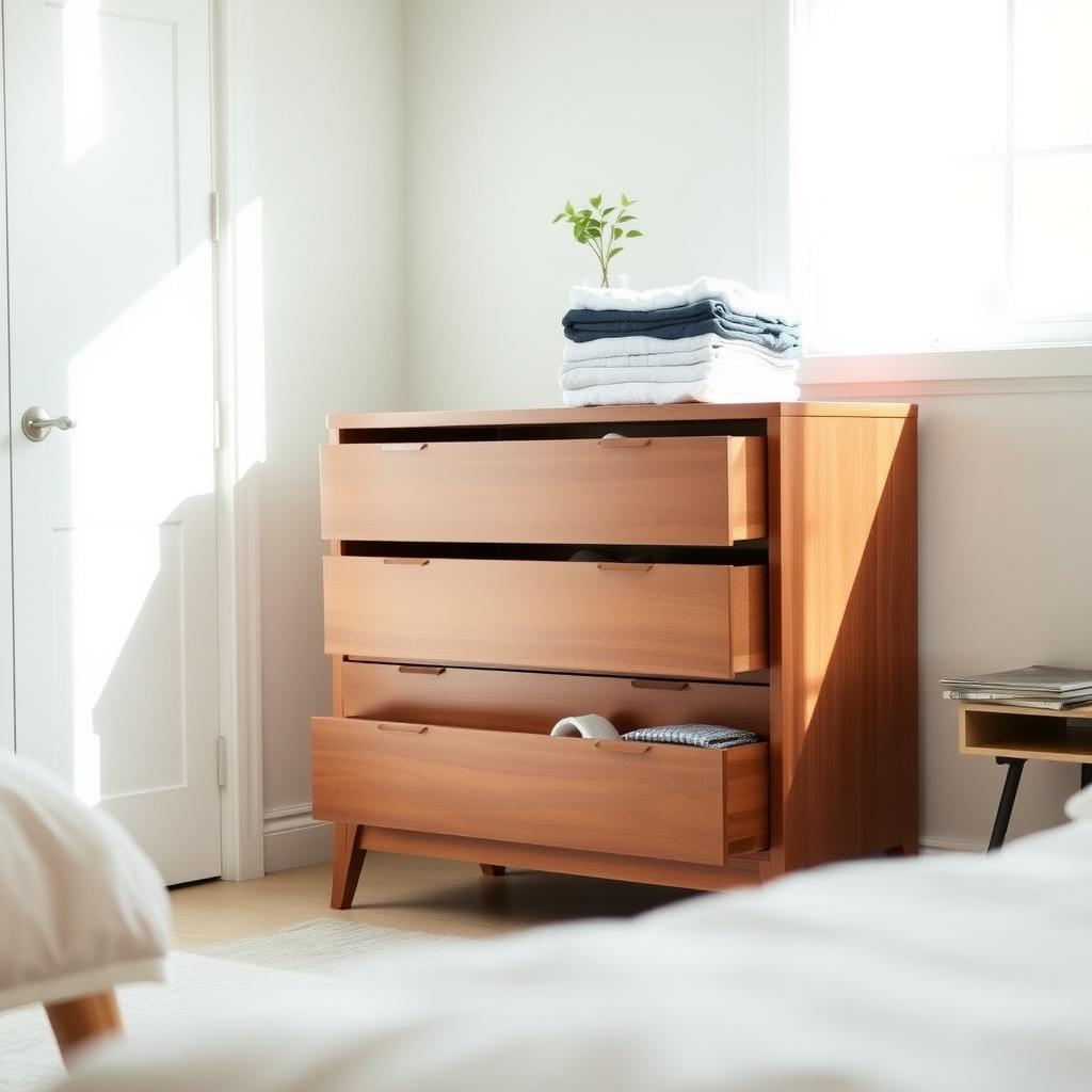 A modern six-drawer dresser with neatly folded clothes and a small plant on top, in a bright bedroom.