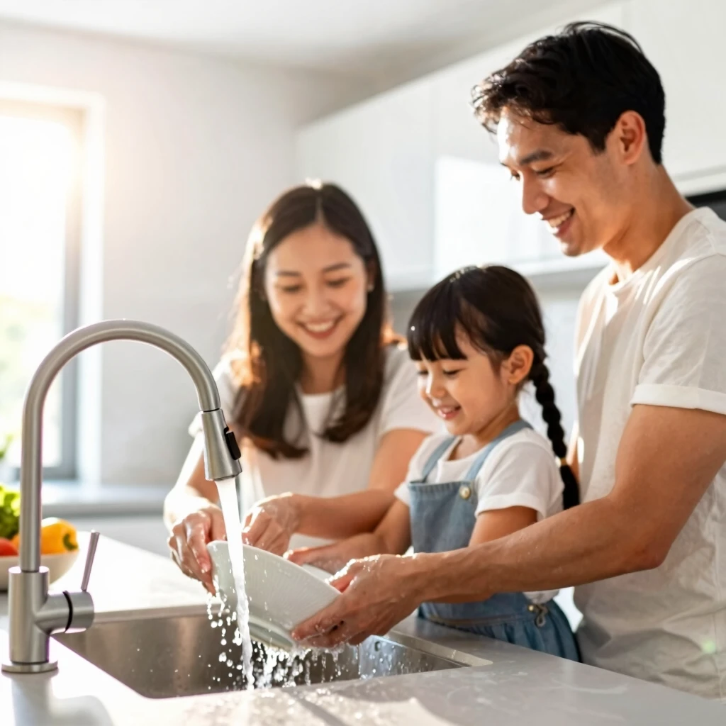 Family saving water by using a low-flow faucet in the kitchen