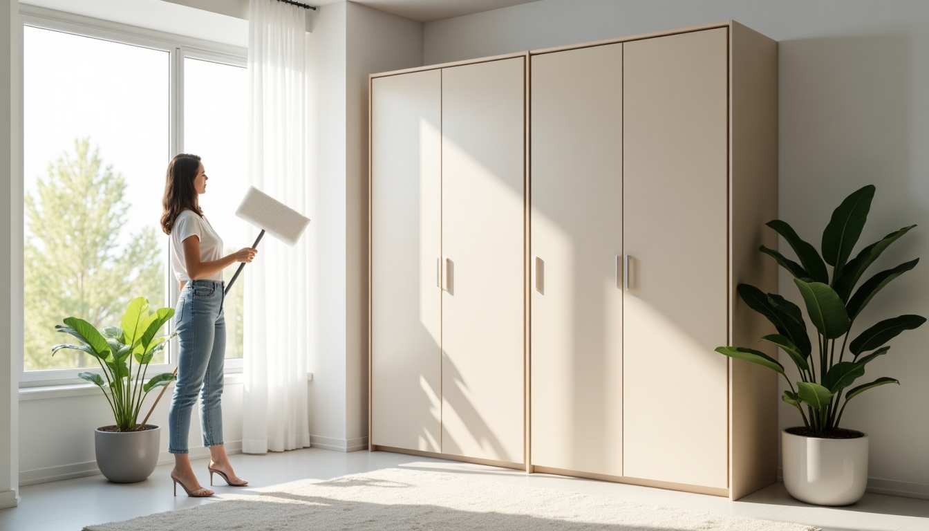 A person dusting a minimalist armoire with a soft cloth, showcasing care in action.