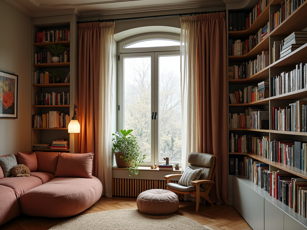 Built-in bookshelf around window in living room