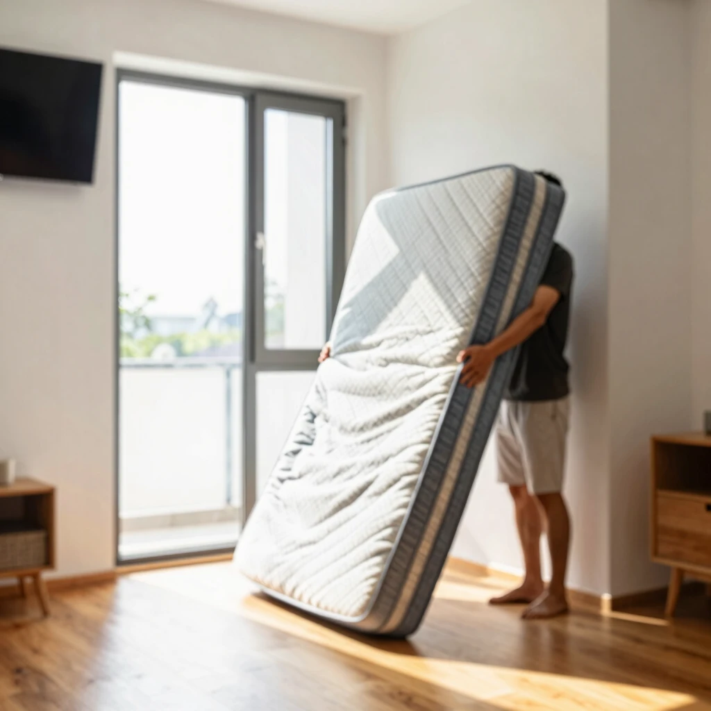 Airing out a futon mattress in a sunny room