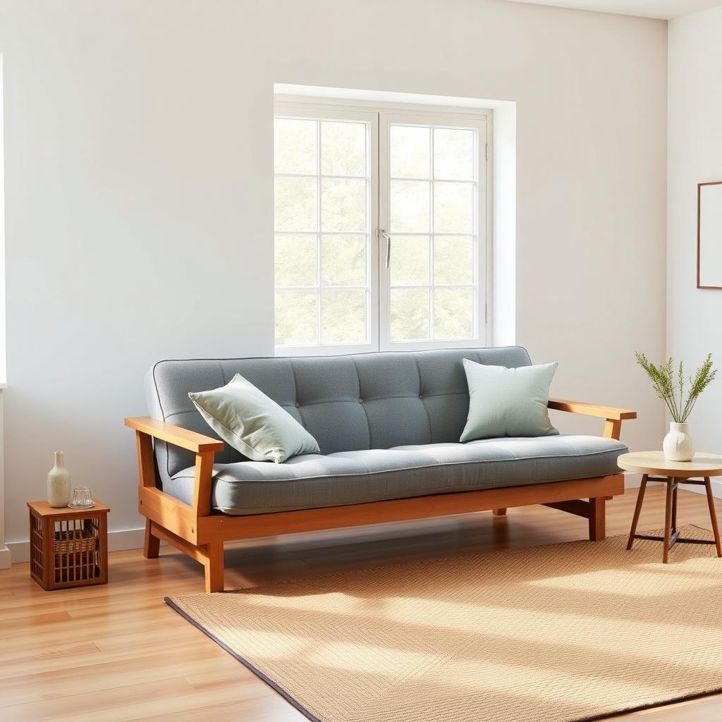Modern living room with a gray futon, wooden coffee table, and minimalist decor.