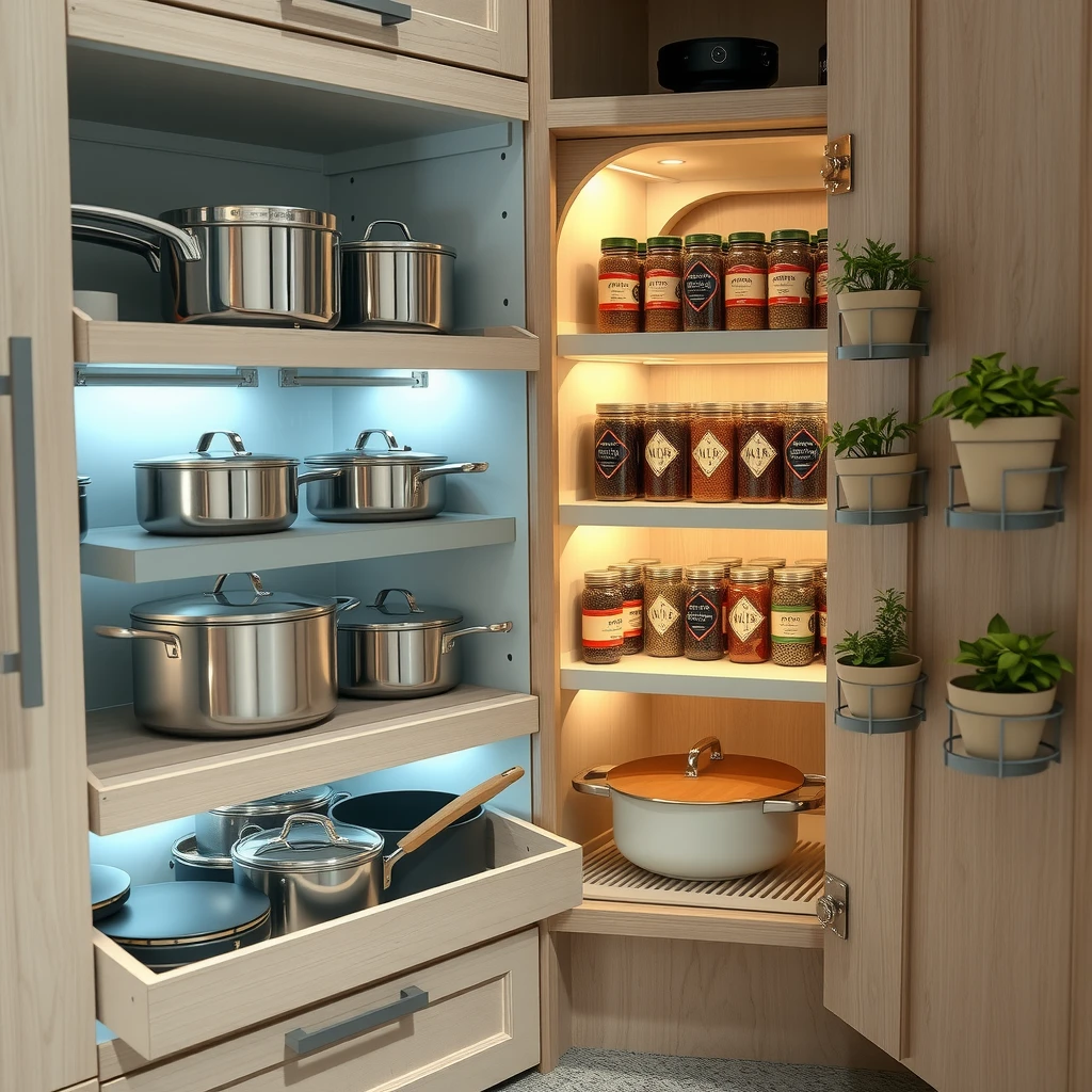 Organized kitchen cabinet with pull-out drawers and labeled storage for efficient small space use