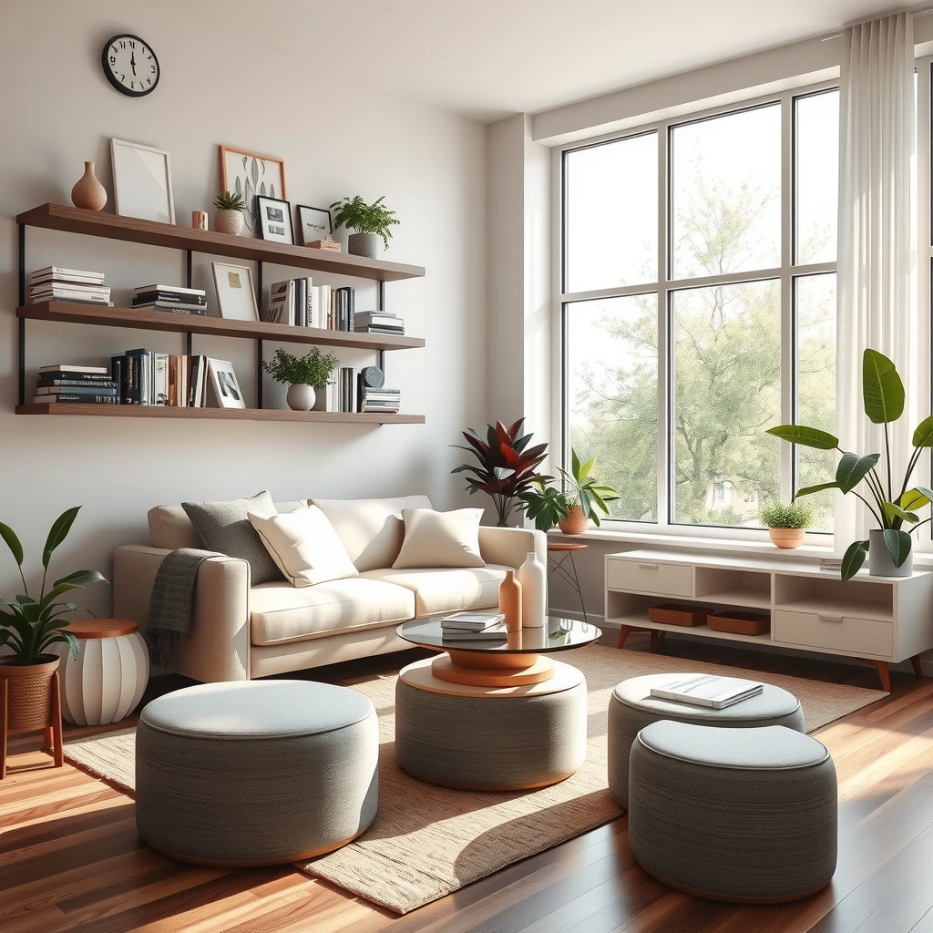 Modern small living room with space-saving multifunctional furniture and bright natural light