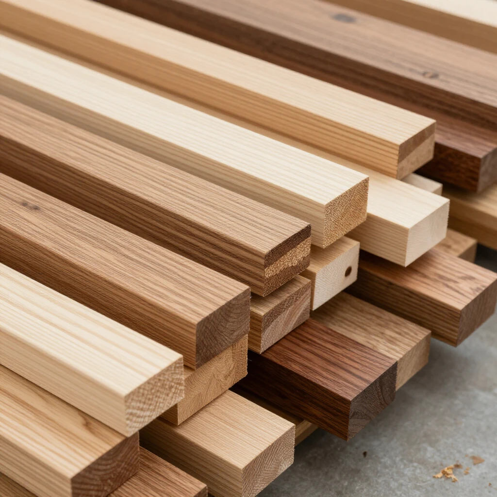 Various types of wood lumber stacked in a workshop, including oak, pine, walnut, maple, and cherry showing different grains and colors