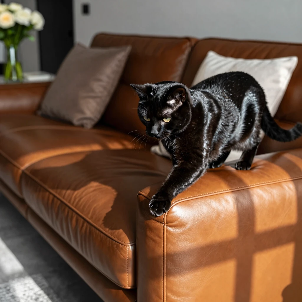 Black cat on well-maintained leather sofa in elegant living room