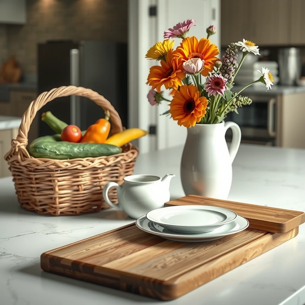 Kitchen island decor with basket, vase, and plates