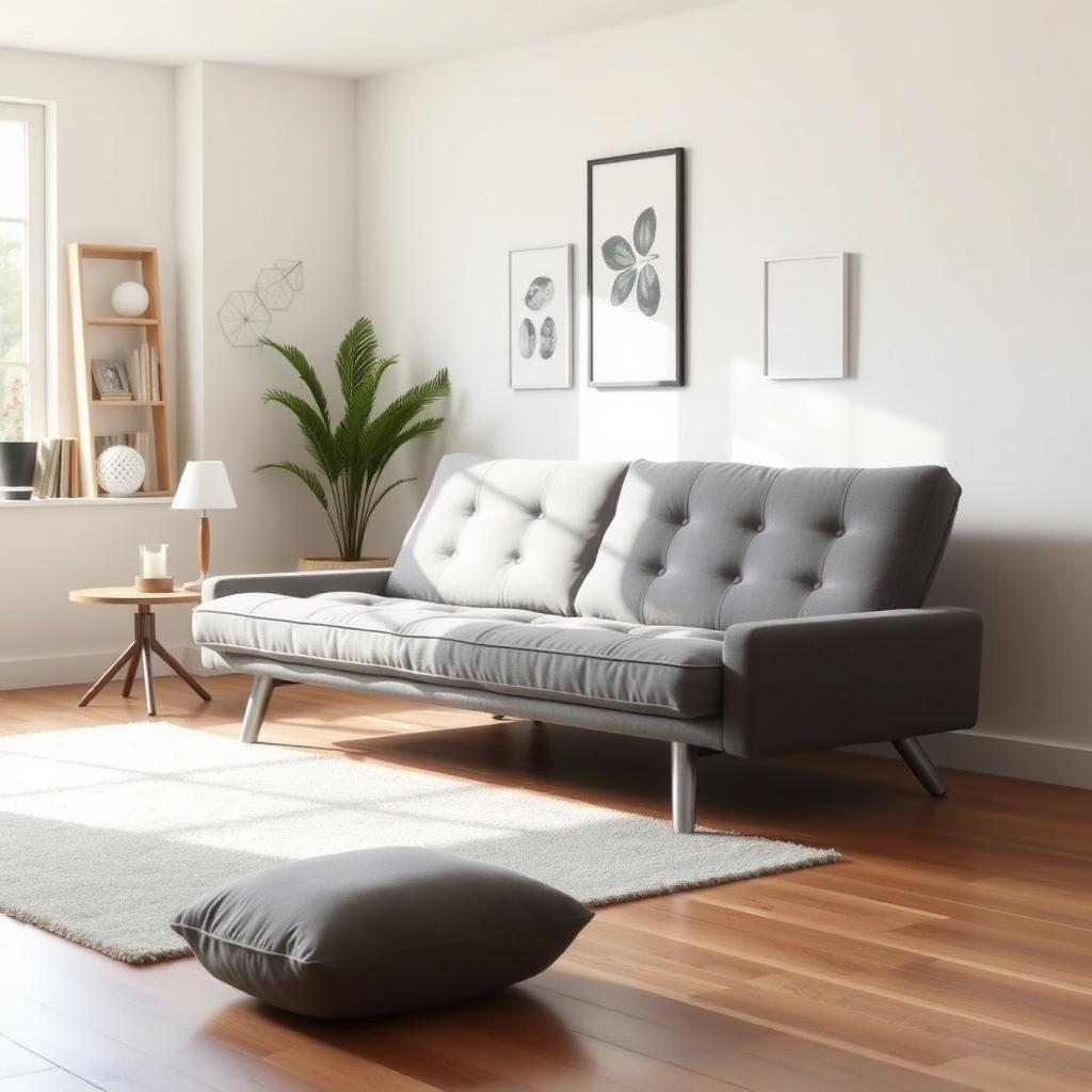 A stylish gray futon sofa in a minimalist living room with a side table and lamp.