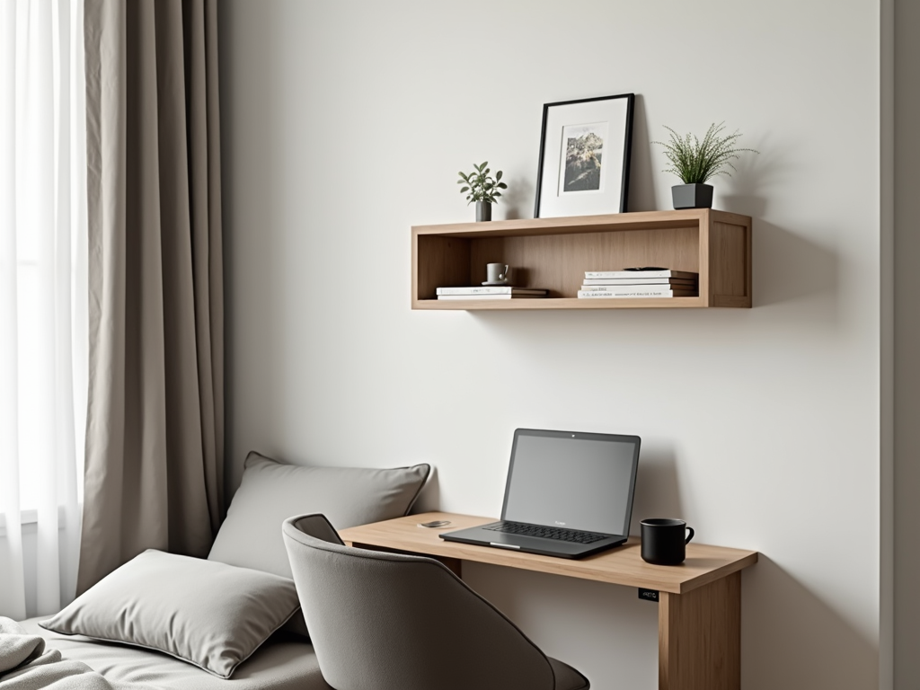 A bedroom with a wall-mounted floating shelf above a desk, displaying books and decorative items.