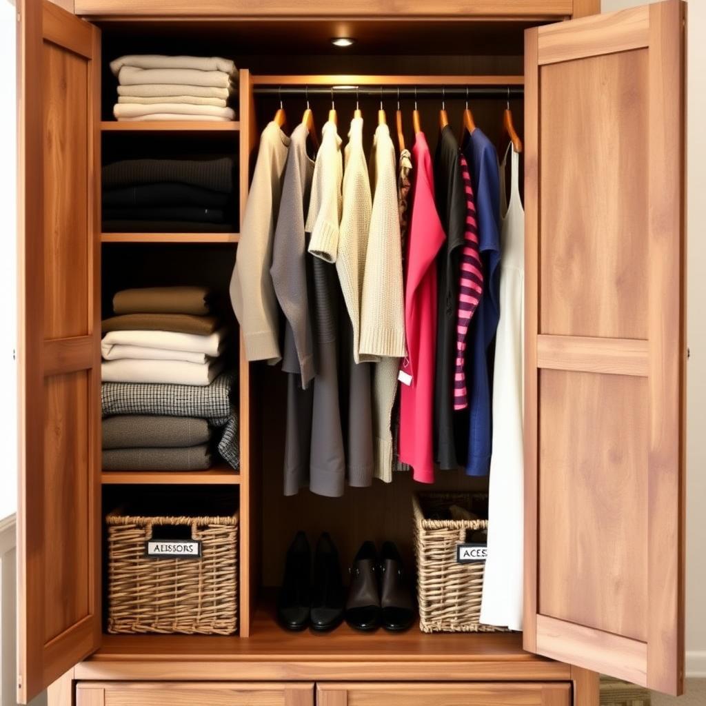 A wooden armoire with neatly organized clothes, folded sweaters, and labeled baskets.