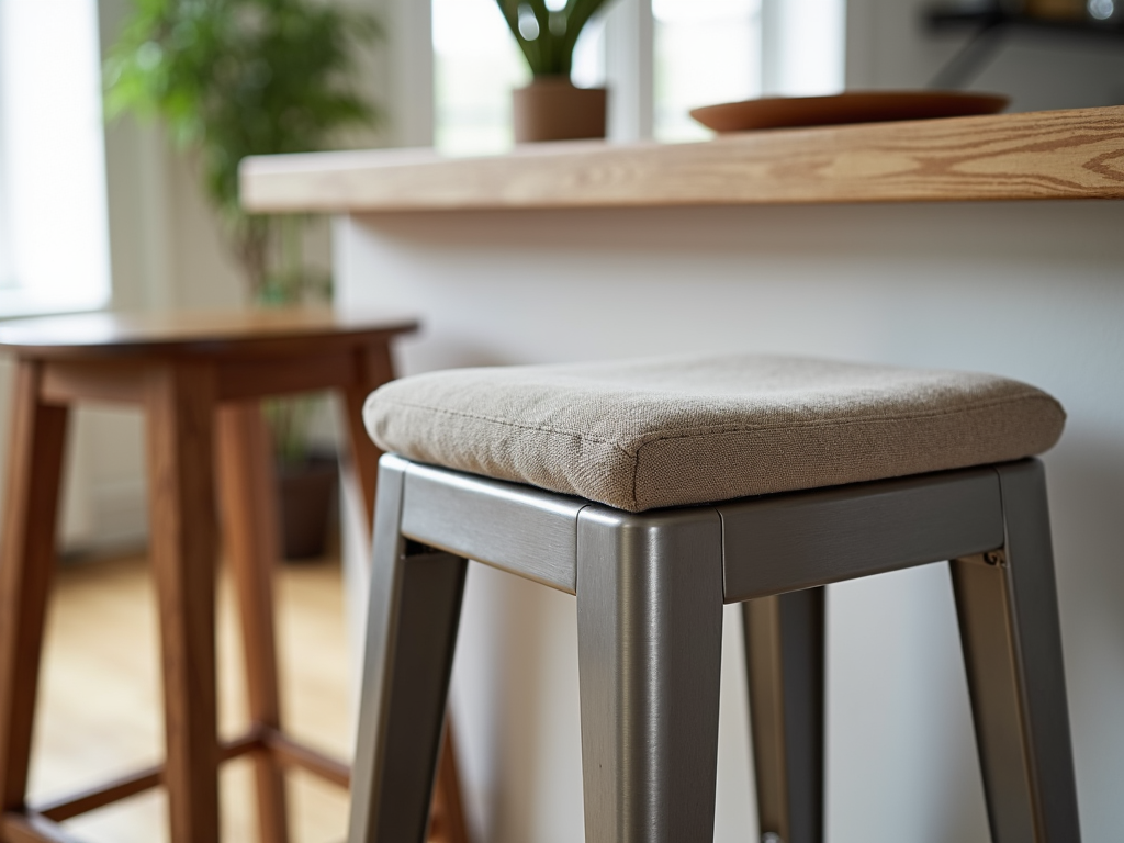 Bar stools in wood, metal, and upholstery.