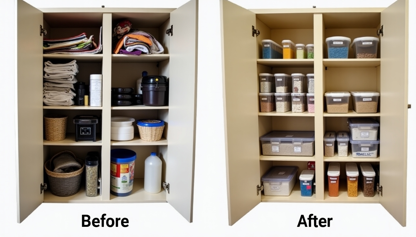 Before and after of an organized kitchen cabinet