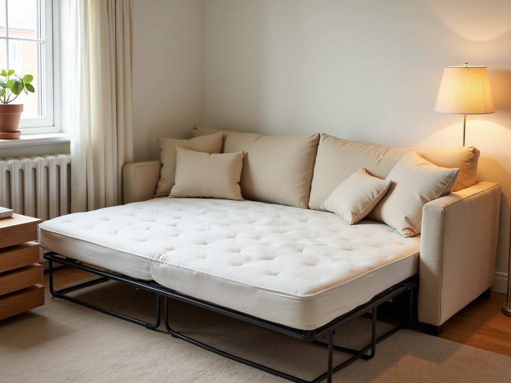 A sofa bed unfolded next to nesting tables in a cozy corner.