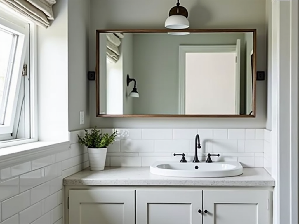 Small bathroom with light colors, large mirror, and plant