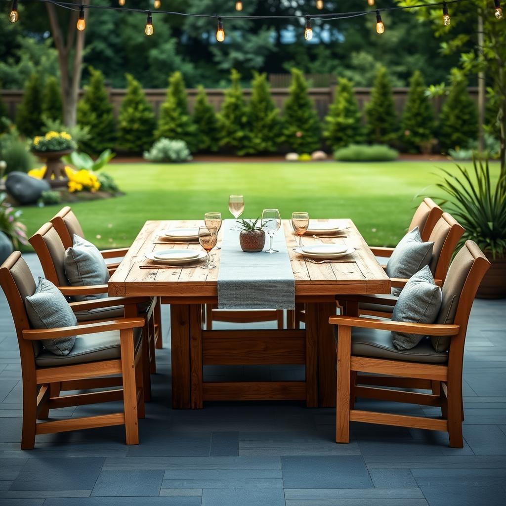 Rustic extendable outdoor dining table set for a dinner party with cushioned chairs, string lights, and a lush backyard.